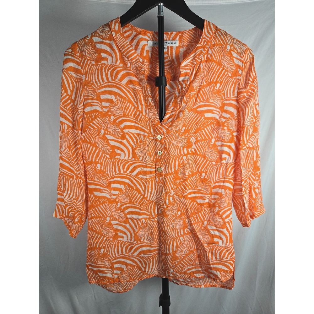 Trina Turk Size 0P Zebra Print Blouse Orange White 100% Silk Roll Tab Sleeve